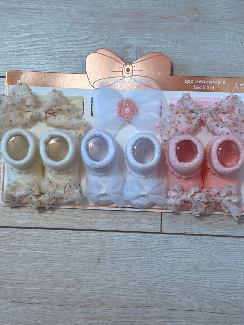 3-Pack Baby Headwrap & Sock Set - Cream, White, Pink